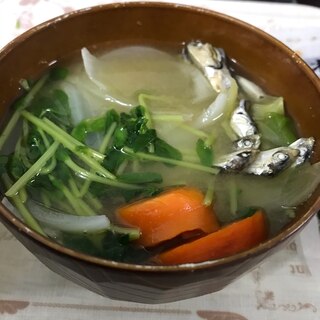 柔らか豆苗と歯応え煮干しの味噌汁